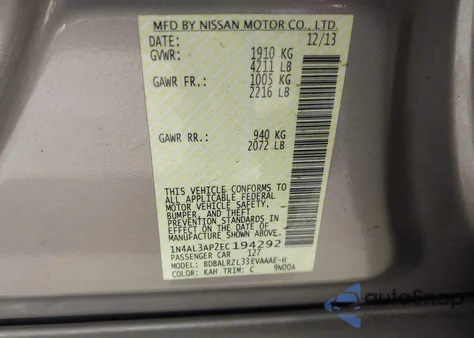 2014 Nissan Altima 2.5 S from USA, damaged, VIN 1N4AL3AP2EC194292